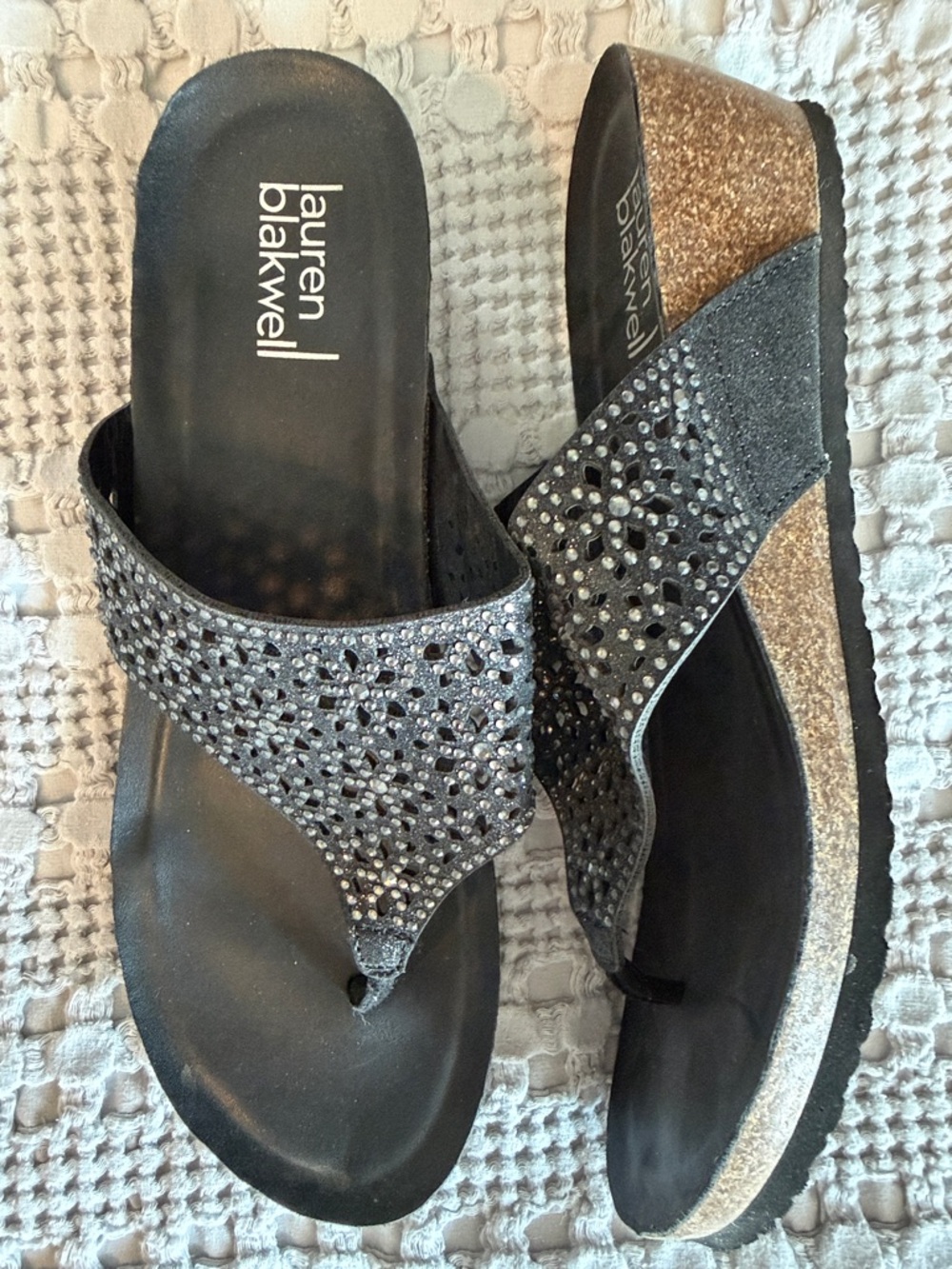 Lauren Blackwell Black Glitter Wedge Sandals